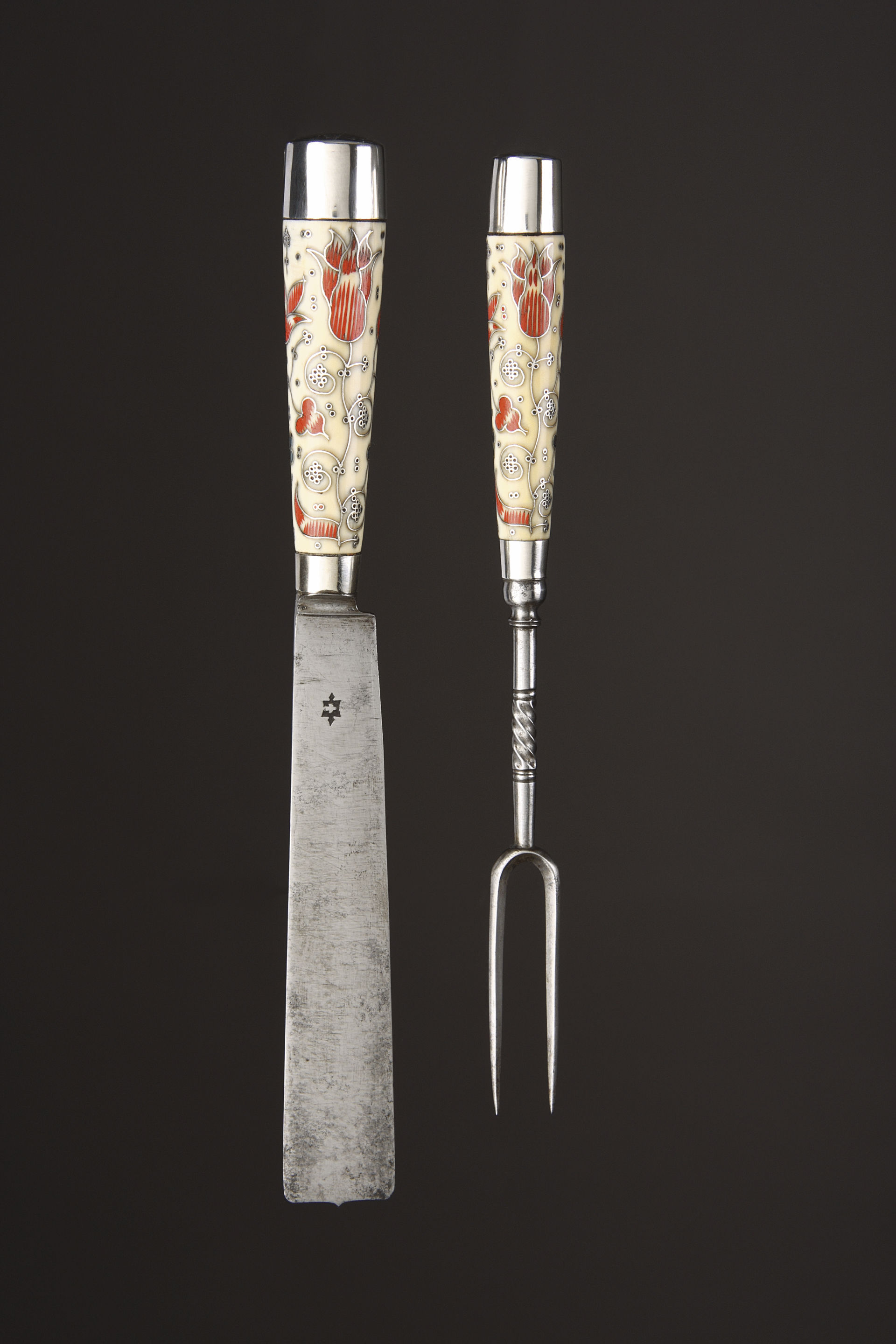 English Knife and Fork of Puritan Form with Superb Ivory Handles